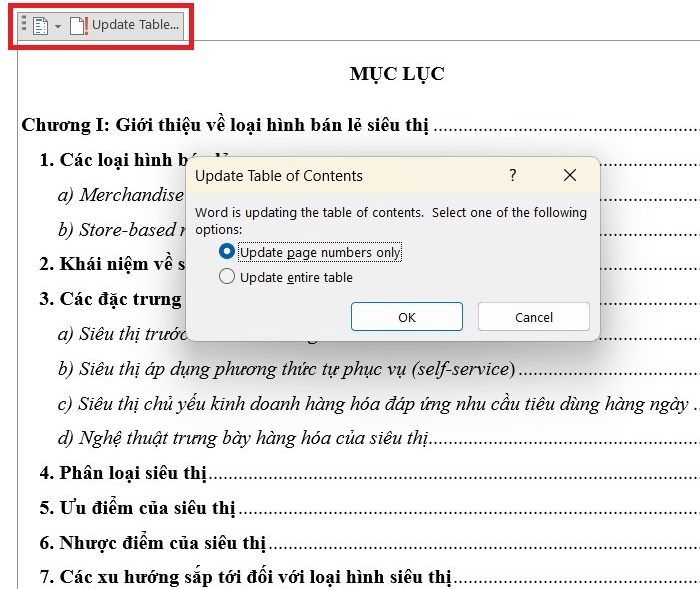 Cập nhật lại mục lục trong Word