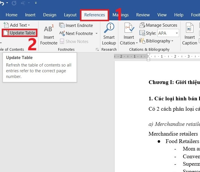 Chỉnh sửa lại mục lục trong Word