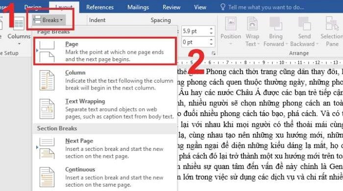 Công cụ ngắt trang Page Breaks trong Word