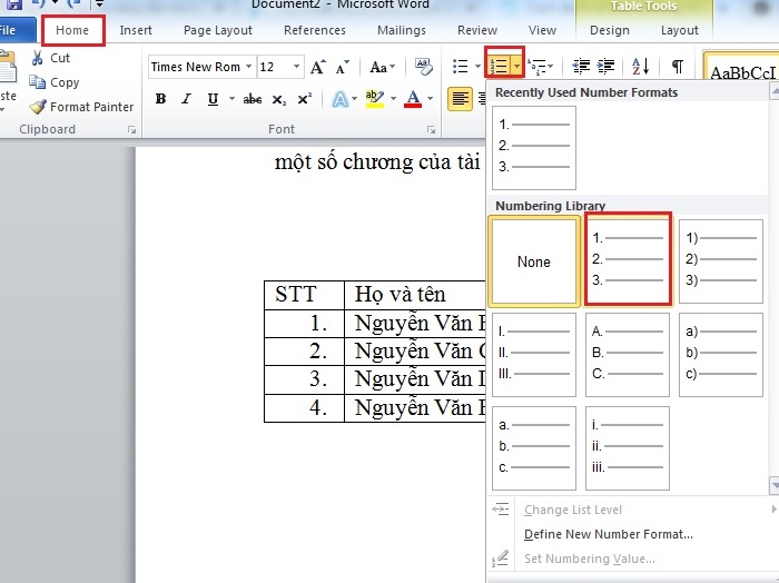 Đánh số thứ tự đầu dòng trong Word 2010