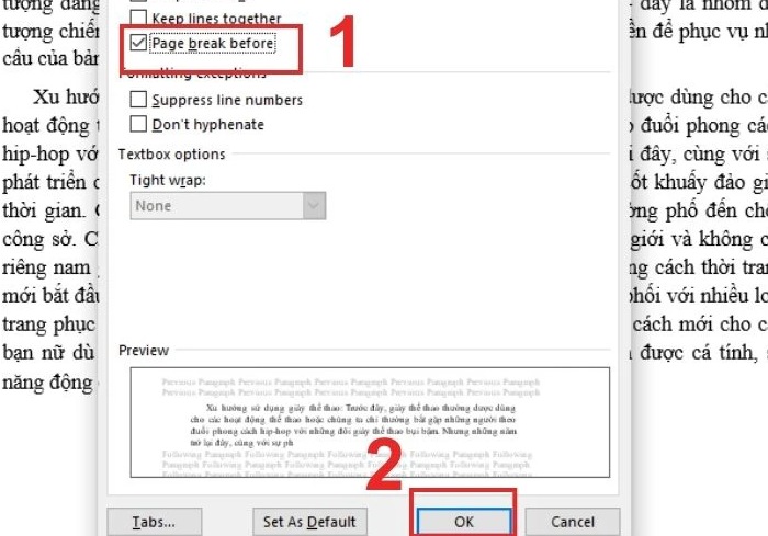 Ngắt trang bằng hộp thoại Paragraph trong Word