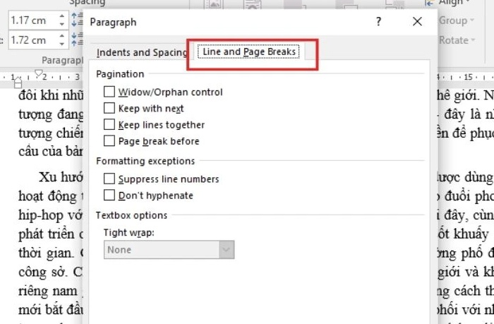 Ngắt trang bằng hộp thoại Paragraph