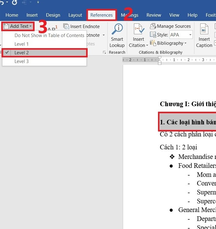 Xác định level 2 trong mục lục