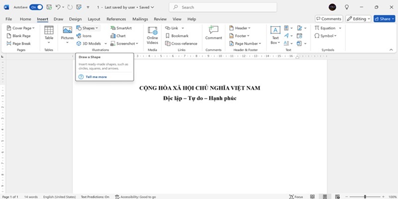 cách gạch chân quốc hiệu trong word 2016 bằng chức năng Shapes