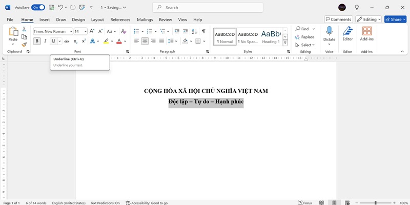 gạch chân quốc hiệu trong word 2016 bằng chức năng Underline